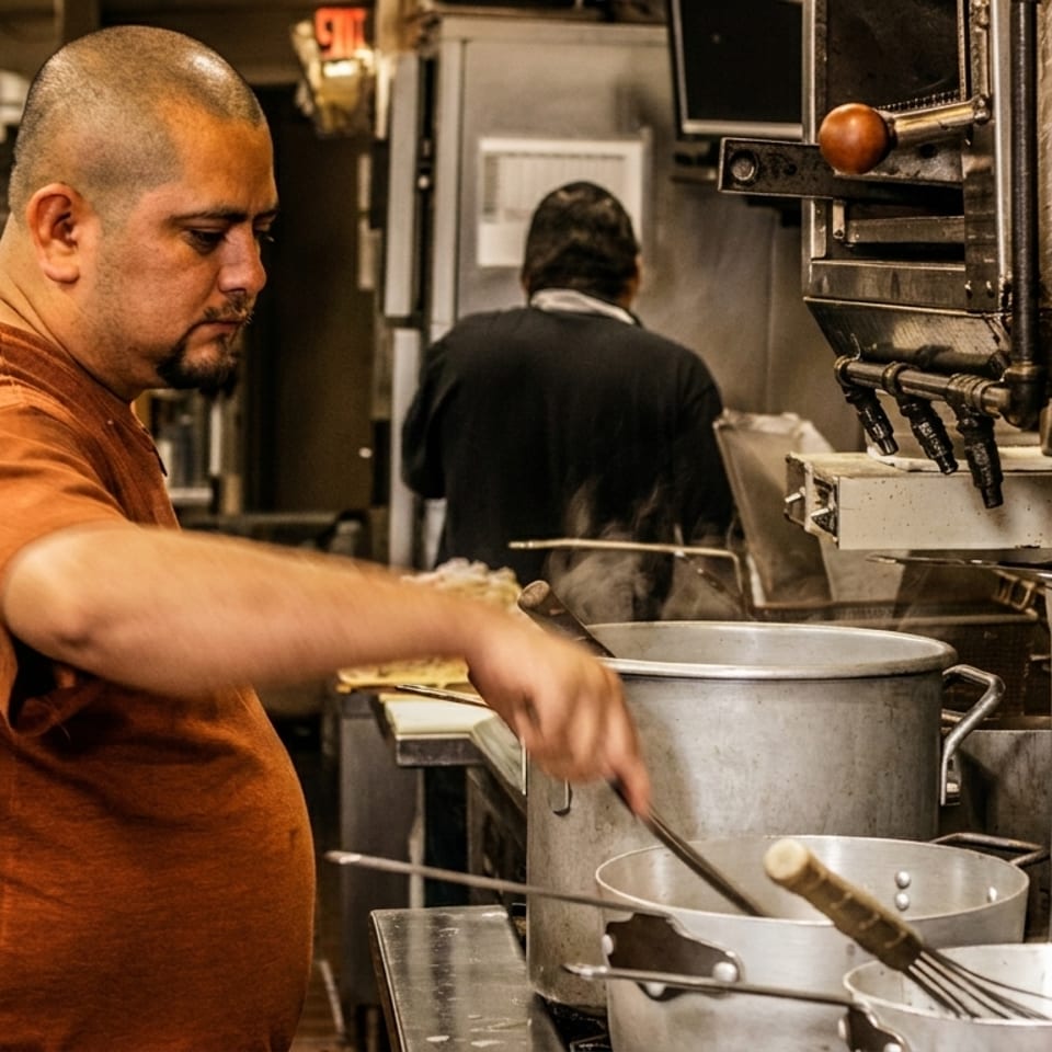 Chef stirring a large pot in a busy commercial kitchen with other cooks working.