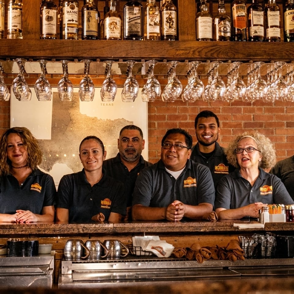Diverse restaurant staff smiling behind a bar with bottles, glasses, and a brick wall.