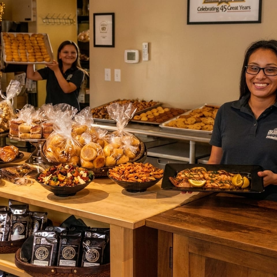 Two smiling Gold Mountain deli staff, one with salmon, the other with a tray of pastries.